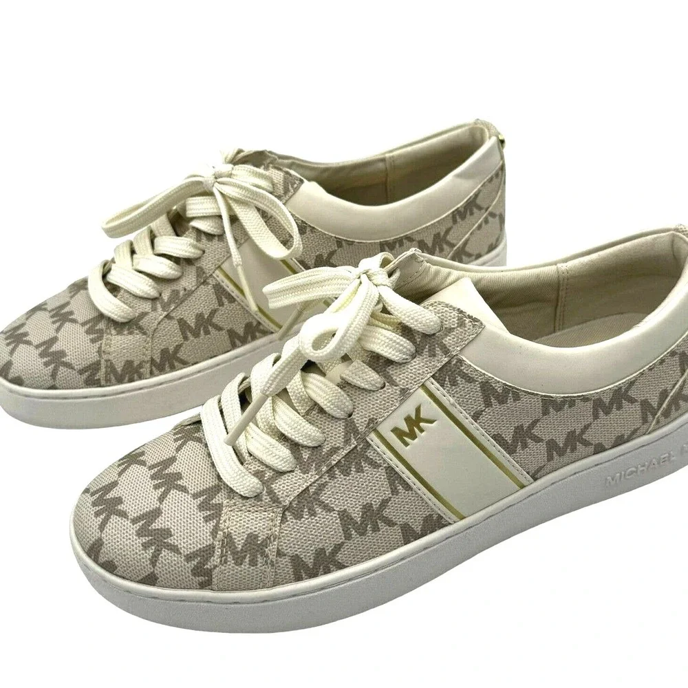 MICHAEL KORS Womens 6.5M Fashion Sneakers Shoes Taupe White Gold Lace Up Low Top